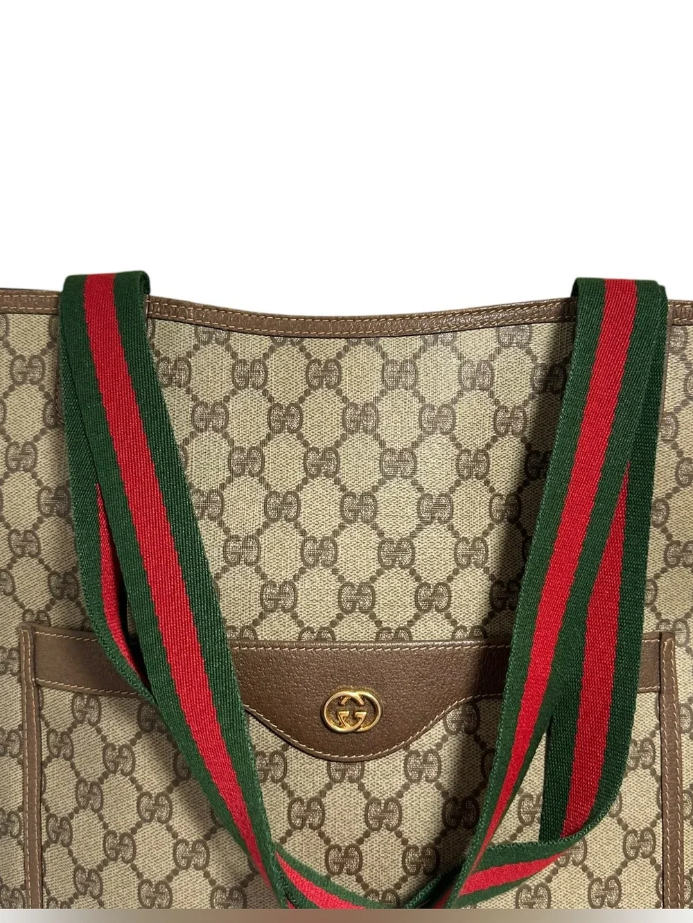 Gucci GG Supreme Canvas & Brown Leather Red Green Sherry Stripe Vintage Tote Bag_8